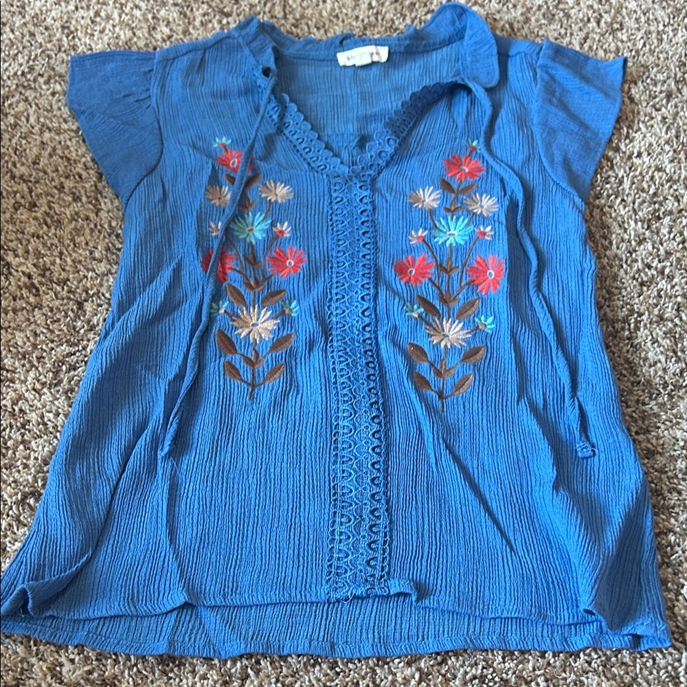 Blu Pepper Blue Floral Embroidered Blouse